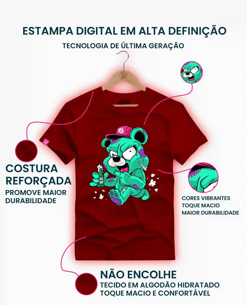 Camiseta Algodão Premium Estampa Urso Zumbi - Azevedo Encantu's